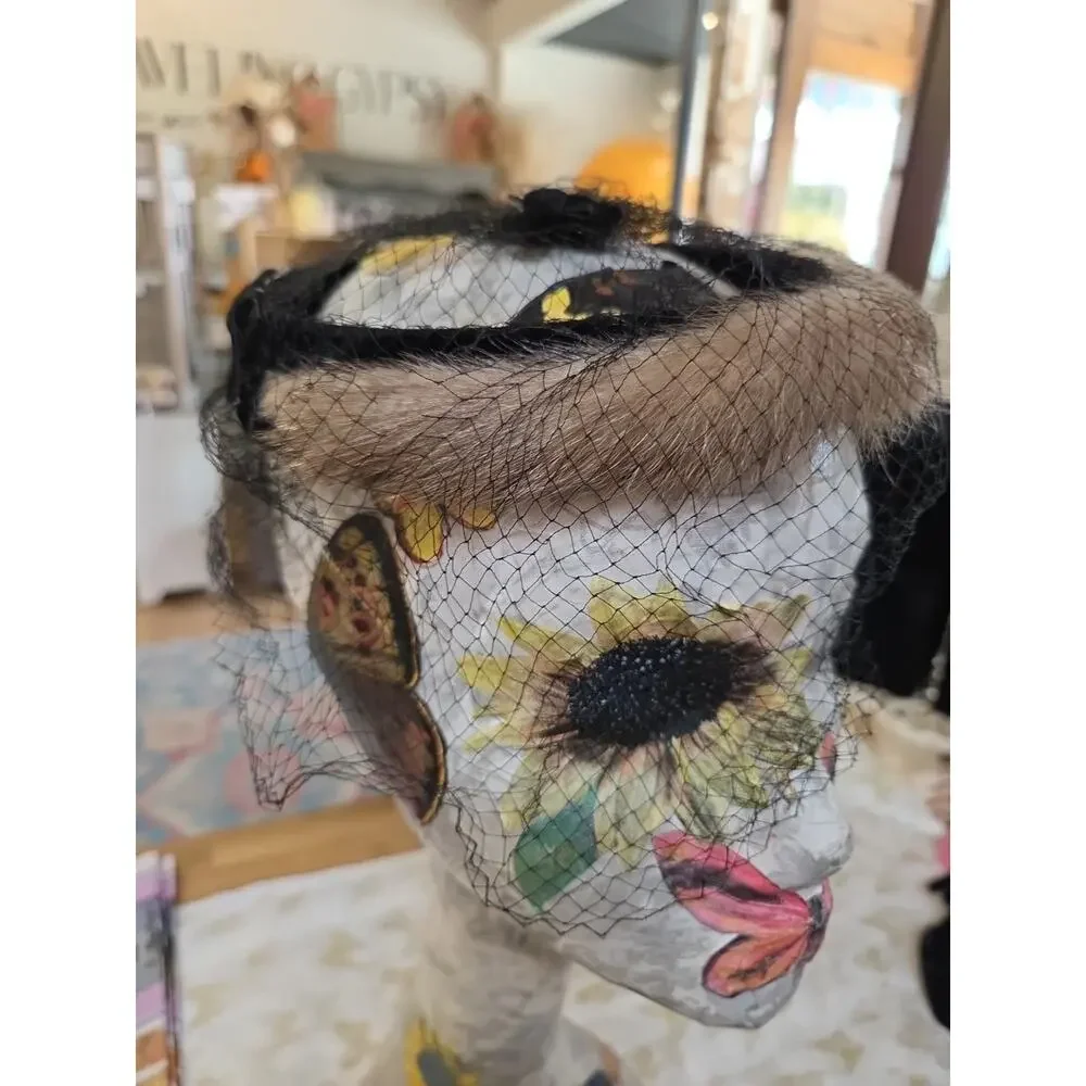1950s Pill Box Mink Fur Hat With Lace / Veil Face Cover Dinner HAT